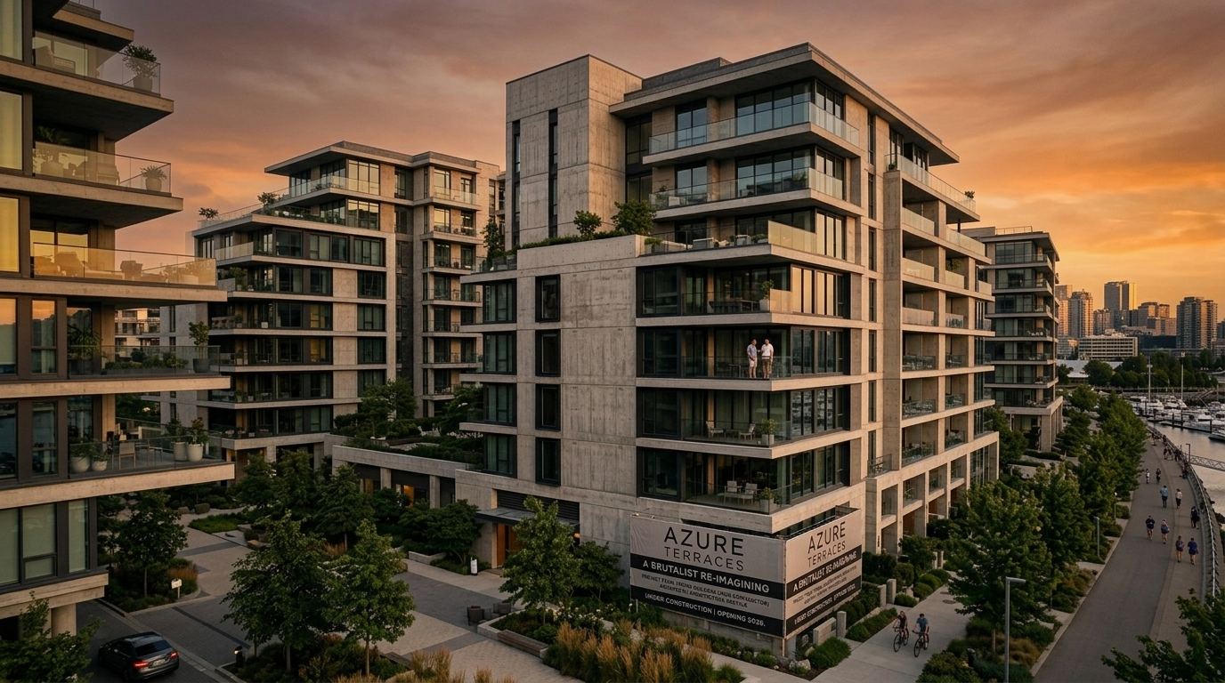 Complexo residencial contemporâneo ao pôr do sol