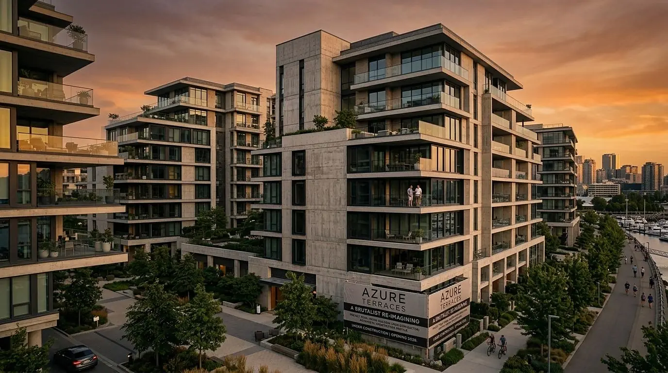 Complexo residencial contemporâneo ao pôr do sol
